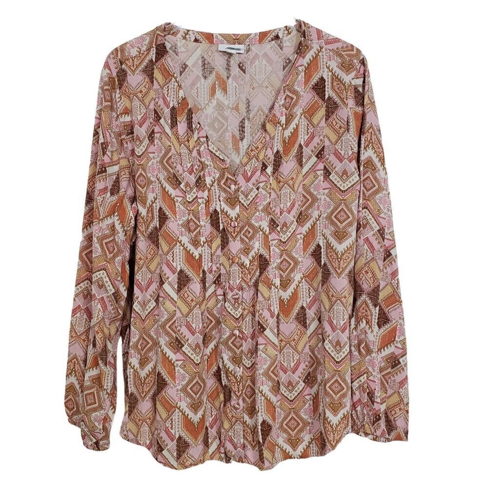 J Jill Aztec Shirt Pleated Southwestern Tribal Rayon Boho Womens Size XL
